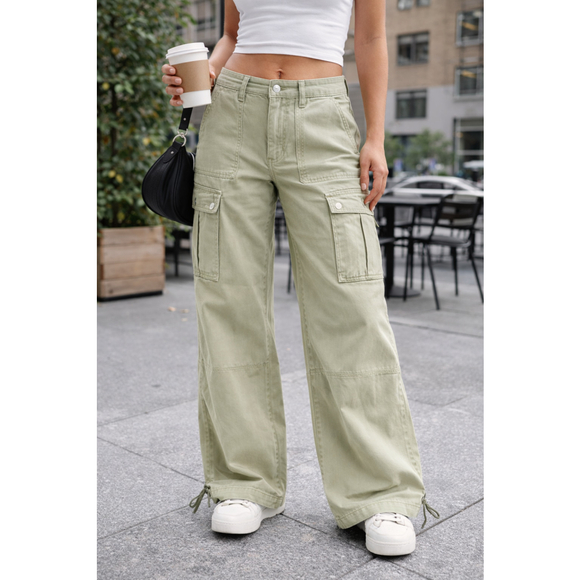 American Eagle Outfitters Pants - American Eagle Women 12 Long Olive Wide Leg Cargo Pants Lyocell Stretch Elastic